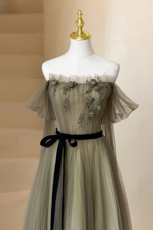 Fairy A-Line Off the Shoulder 3D Flowers Tulle Long Prom Dress With Streamer