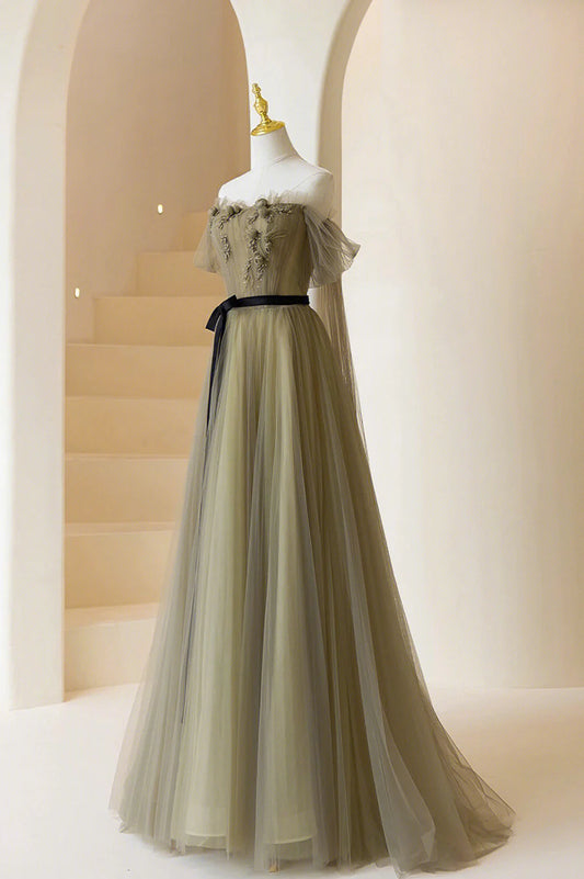 Fairy A-Line Off the Shoulder 3D Flowers Tulle Long Prom Dress With Streamer