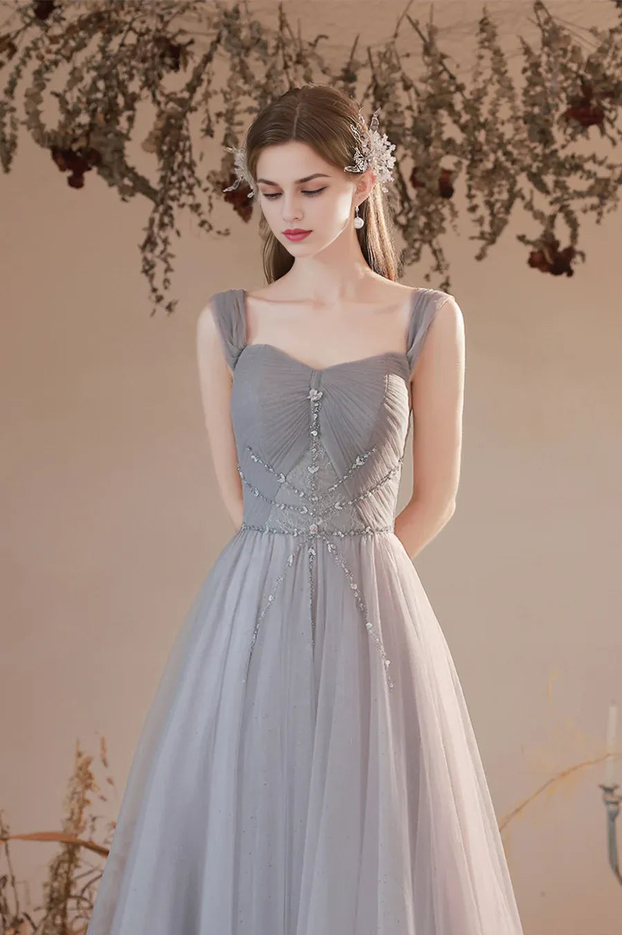 Fairy A-Line Off the Shoulder Tulle Gray Floor Length Formal Prom Dress