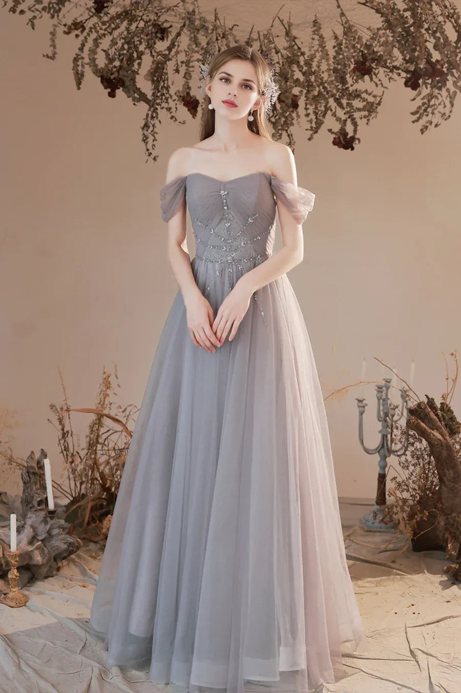 Fairy A-Line Off the Shoulder Tulle Gray Floor Length Formal Prom Dress