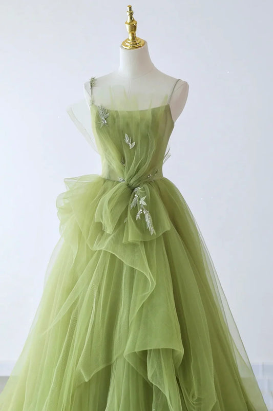 Fairy A-Line Spaghetti Strap Beaded Tulle Green Long Prom Dress With Train