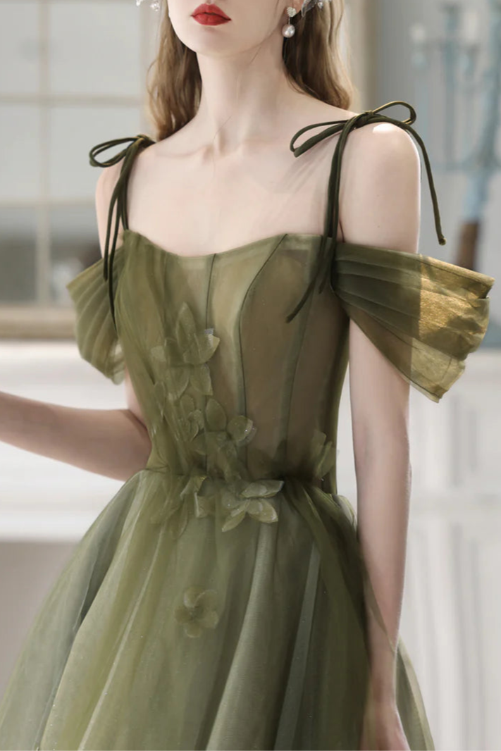 Fairy A-Line Spaghetti Strap Flowers Bodycon Tulle Lace Green Long Prom Dress