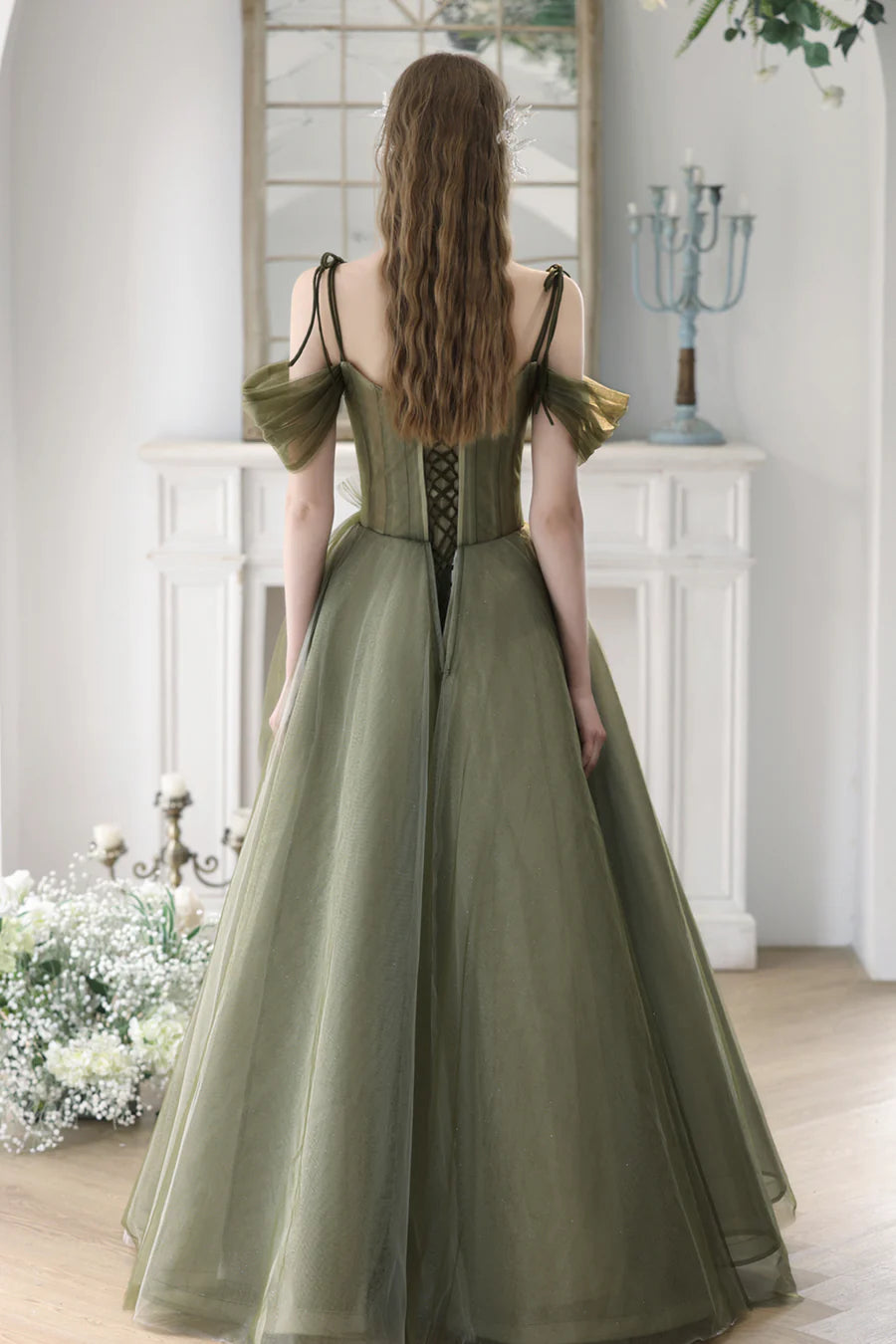 Fairy A-Line Spaghetti Strap Flowers Bodycon Tulle Lace Green Long Prom Dress