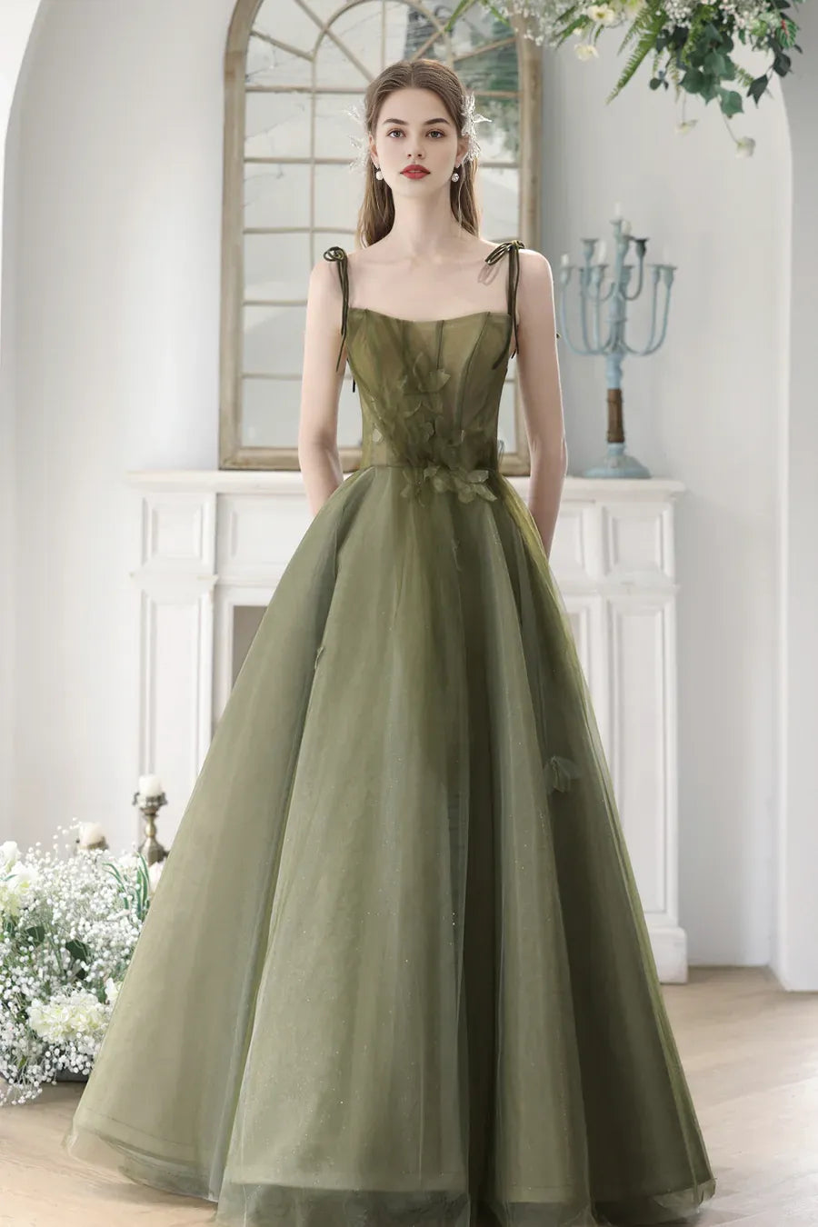 Fairy A-Line Spaghetti Strap Flowers Bodycon Tulle Lace Green Long Prom Dress