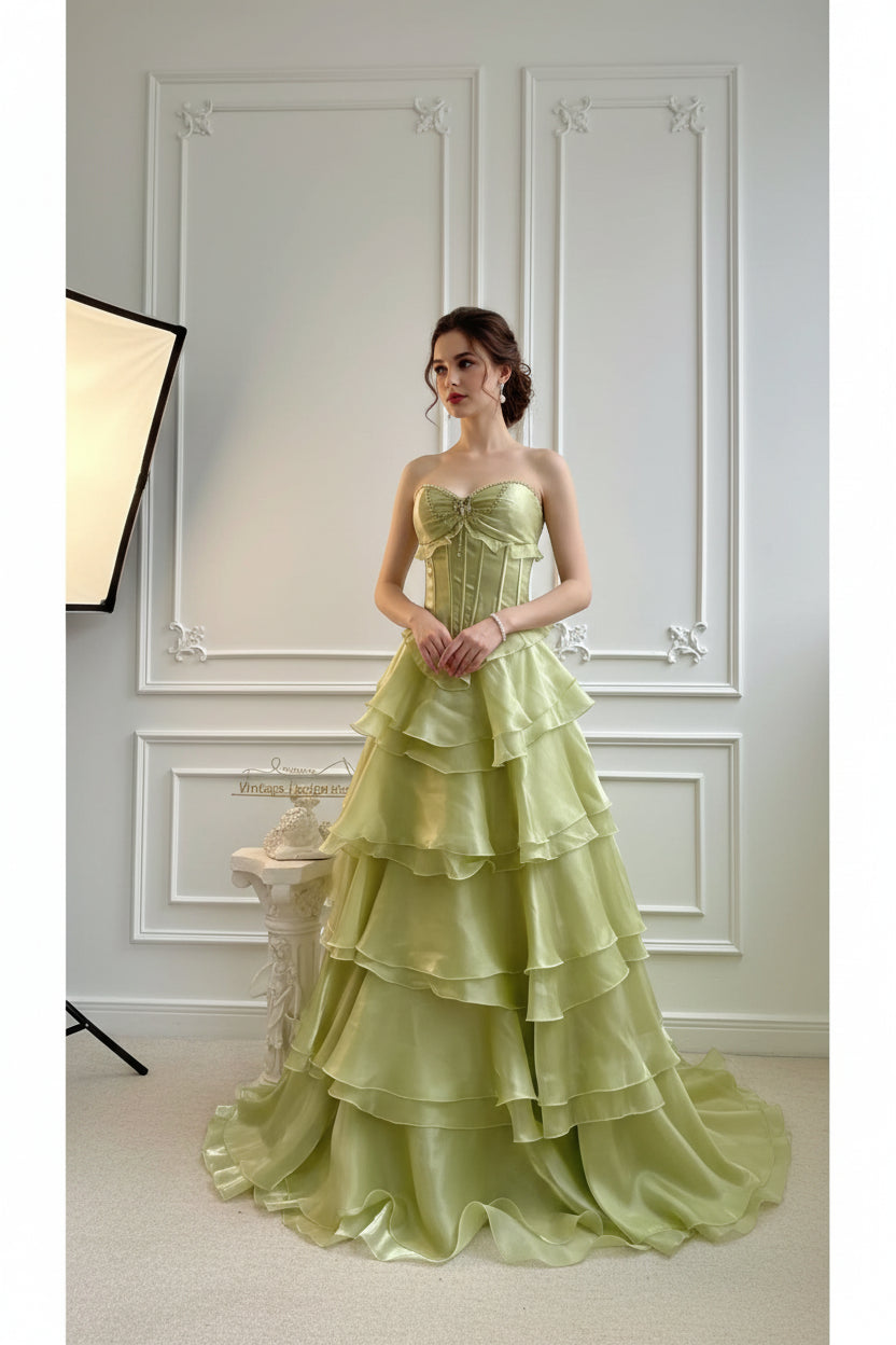 Fairy A-Line Strapless Corset Beaded Tiered Green Floor Length Prom Dress