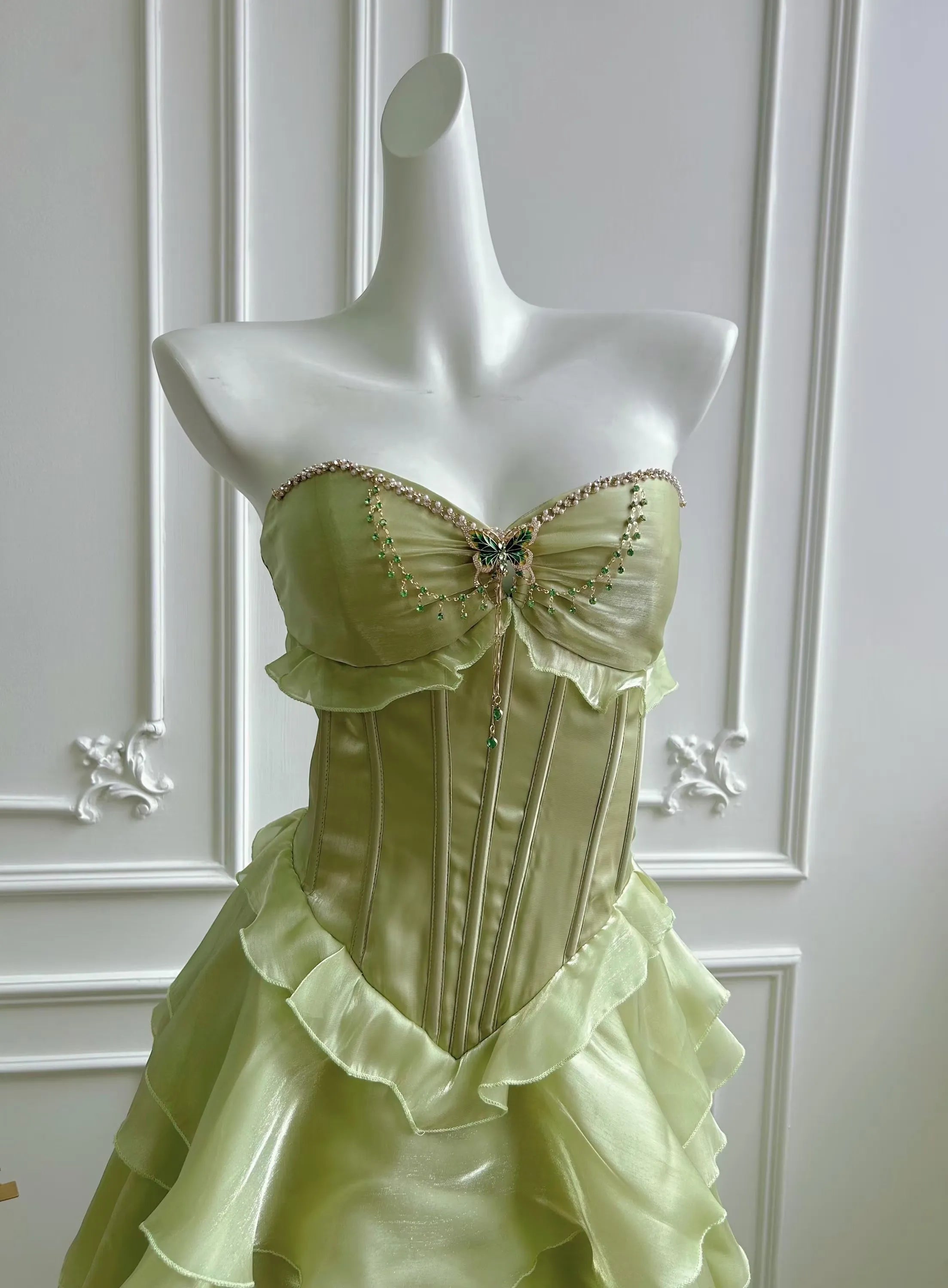 Fairy A-Line Strapless Corset Beaded Tiered Green Floor Length Prom Dress