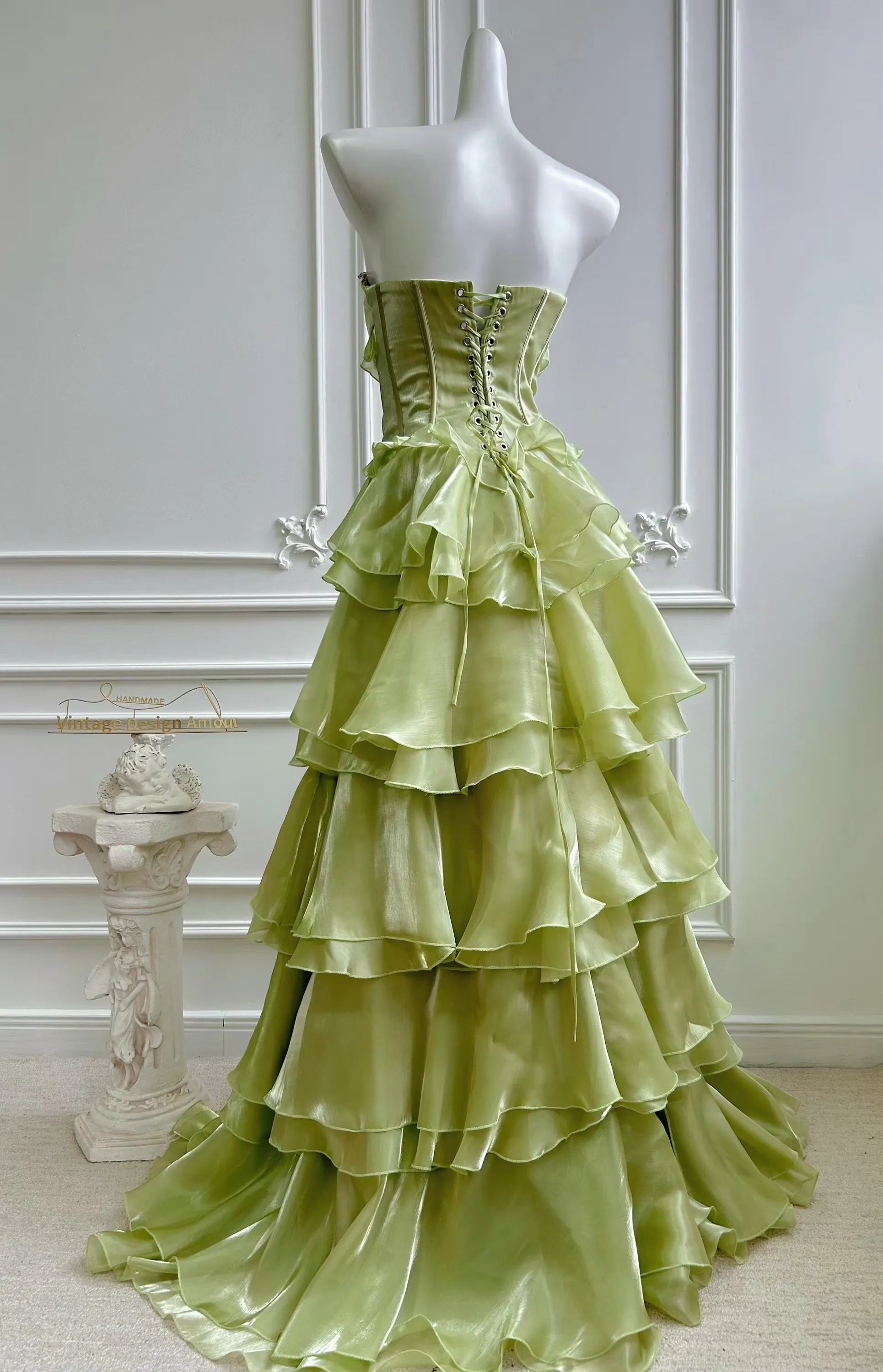 Fairy A-Line Strapless Corset Beaded Tiered Green Floor Length Prom Dress