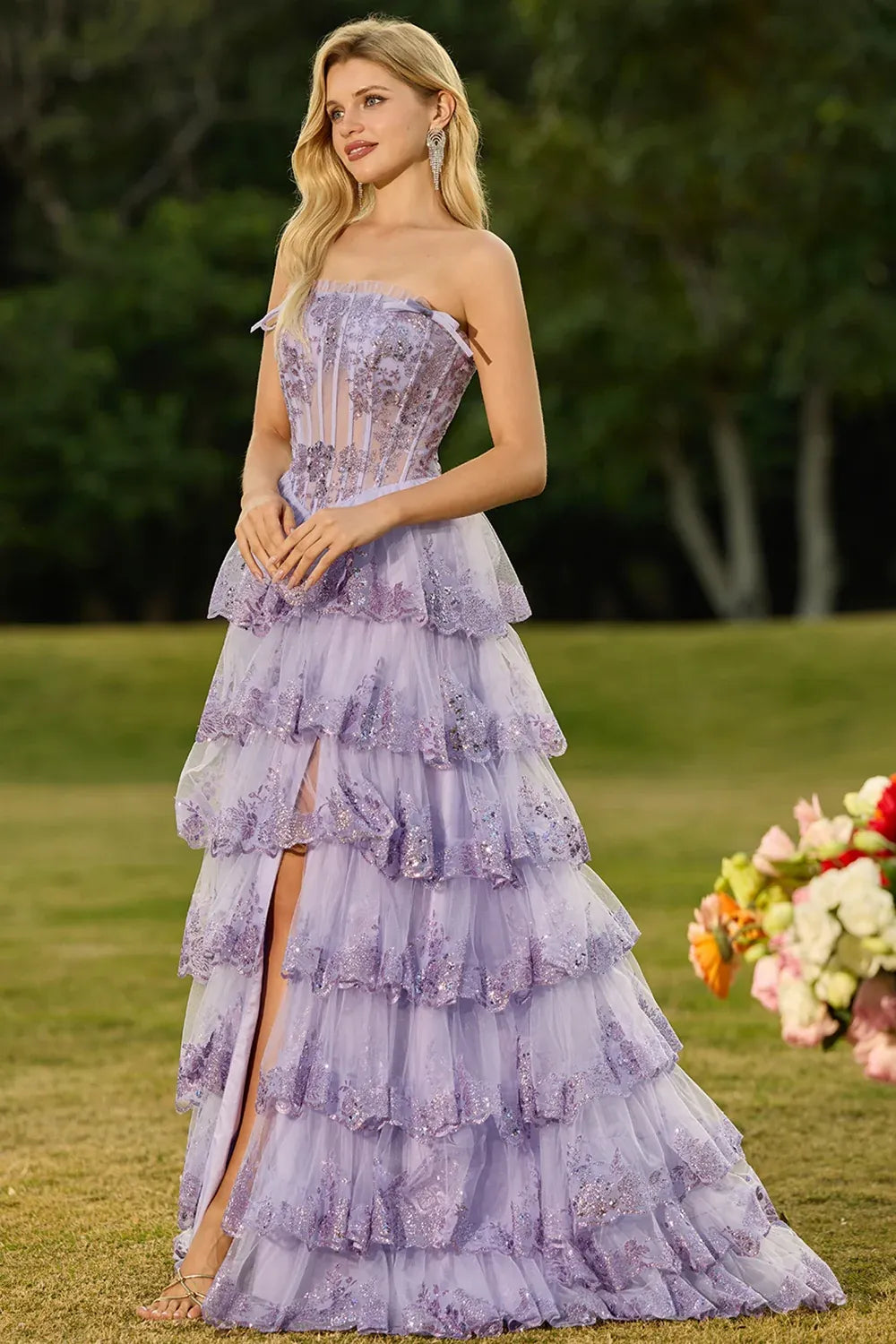 Fairy A-Line Strapless Corset Tiered Ruffle Sequins Lavender Prom Dress Hot Sale