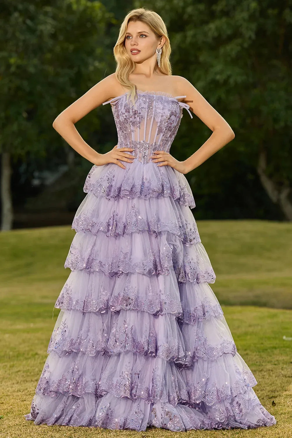 Fairy A-Line Strapless Corset Tiered Ruffle Sequins Lavender Prom Dress Hot Sale