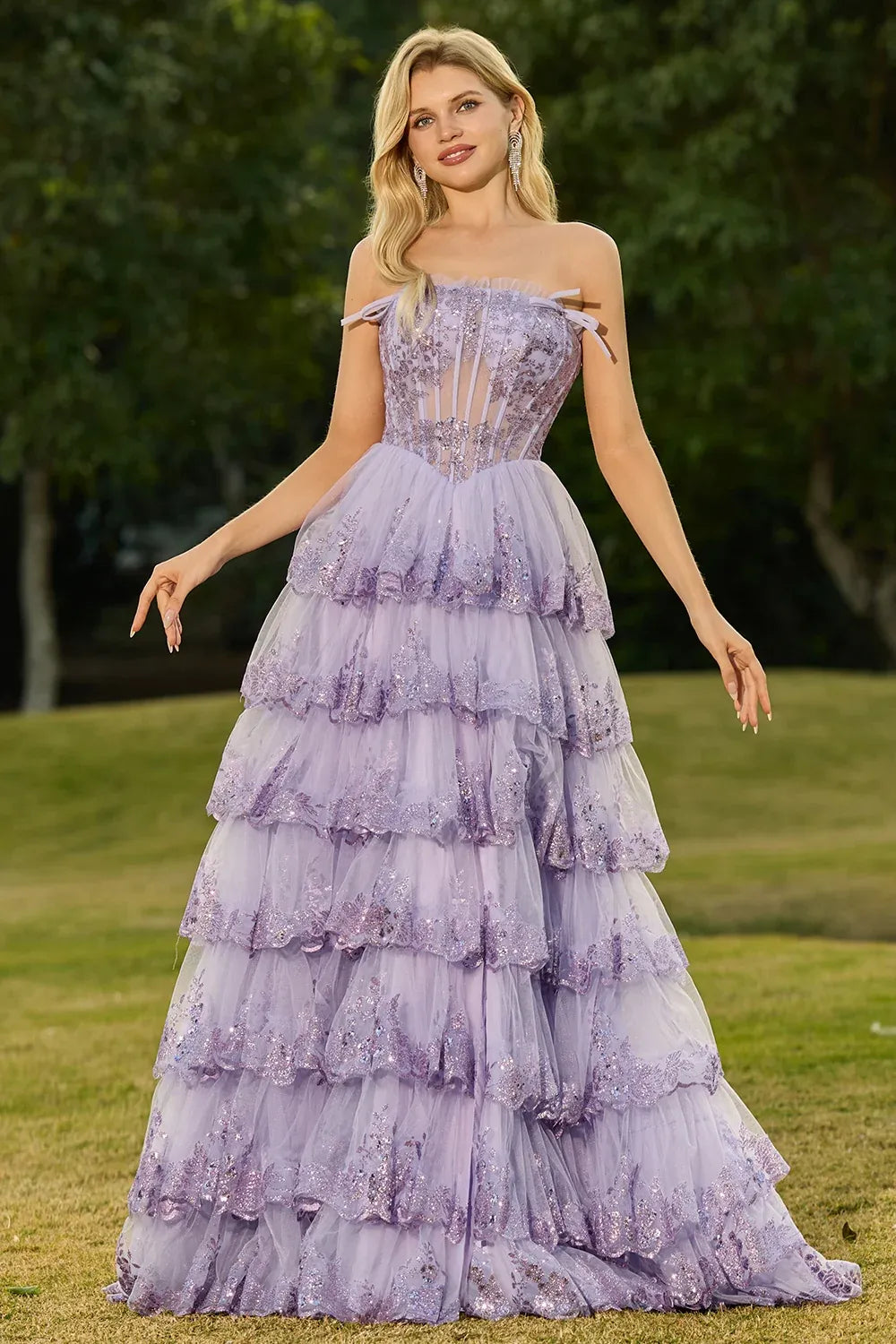 Fairy A-Line Strapless Corset Tiered Ruffle Sequins Lavender Prom Dress Hot Sale