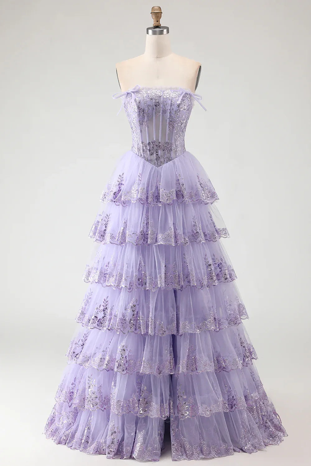 Fairy A-Line Strapless Corset Tiered Ruffle Sequins Lavender Prom Dress Hot Sale