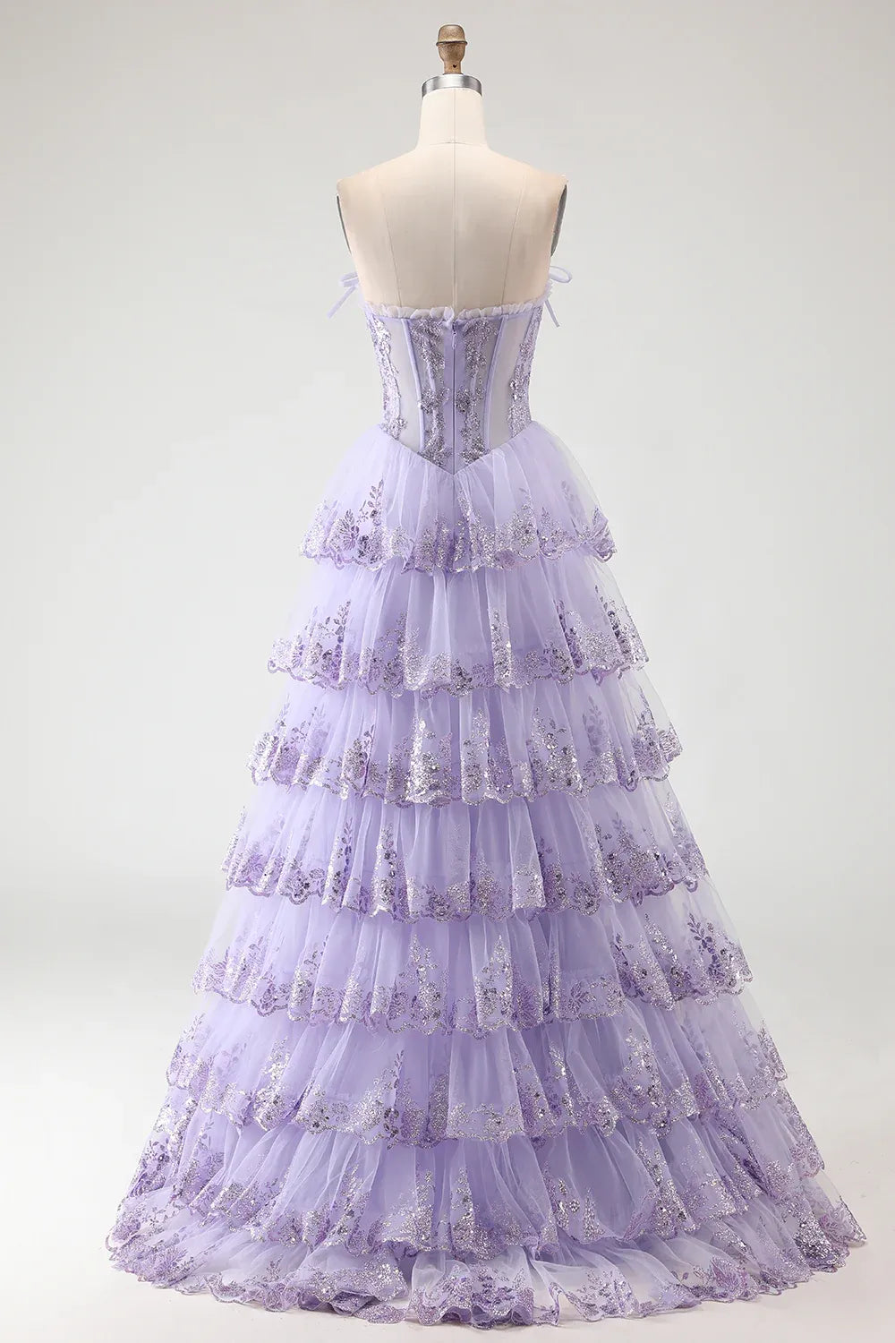 Fairy A-Line Strapless Corset Tiered Ruffle Sequins Lavender Prom Dress Hot Sale
