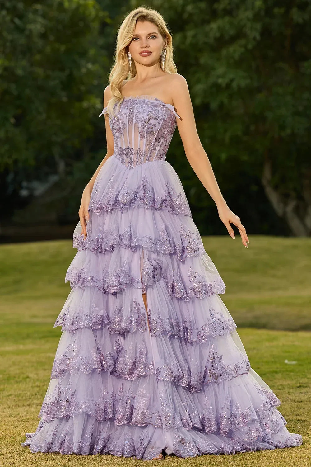 Fairy A-Line Strapless Corset Tiered Ruffle Sequins Lavender Prom Dress Hot Sale