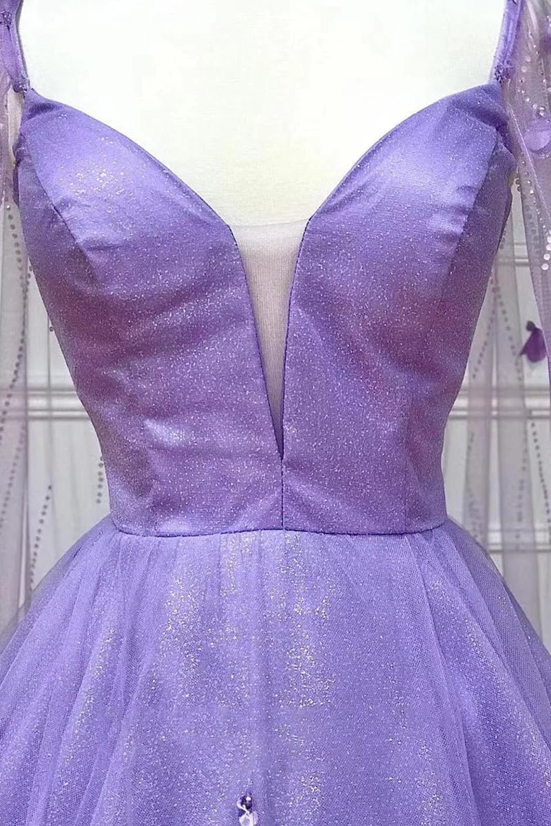 Fairy A-Line V Neck 3D Floral Lavender Floor-Length Prom Dress With Cape