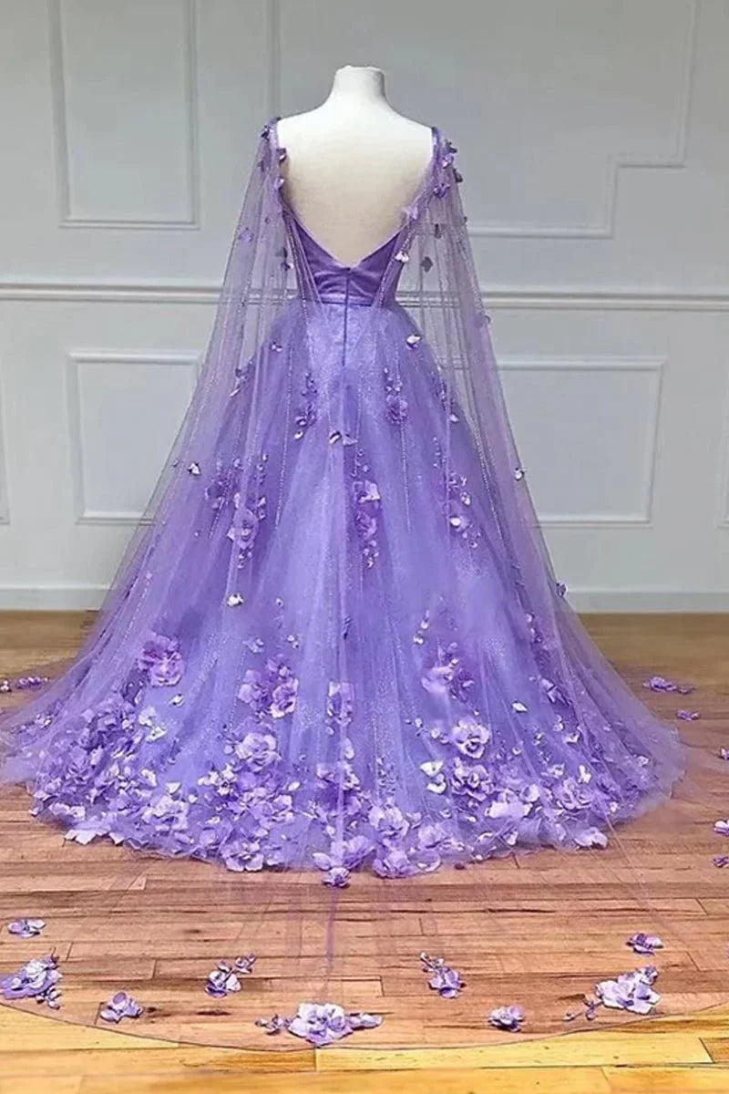 Fairy A-Line V Neck 3D Floral Lavender Floor-Length Prom Dress With Cape