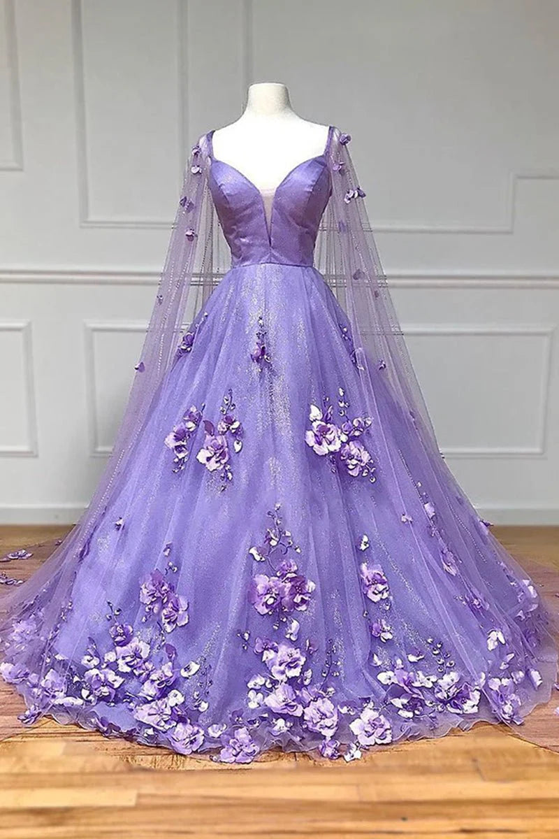 Fairy A-Line V Neck 3D Floral Lavender Floor-Length Prom Dress With Cape