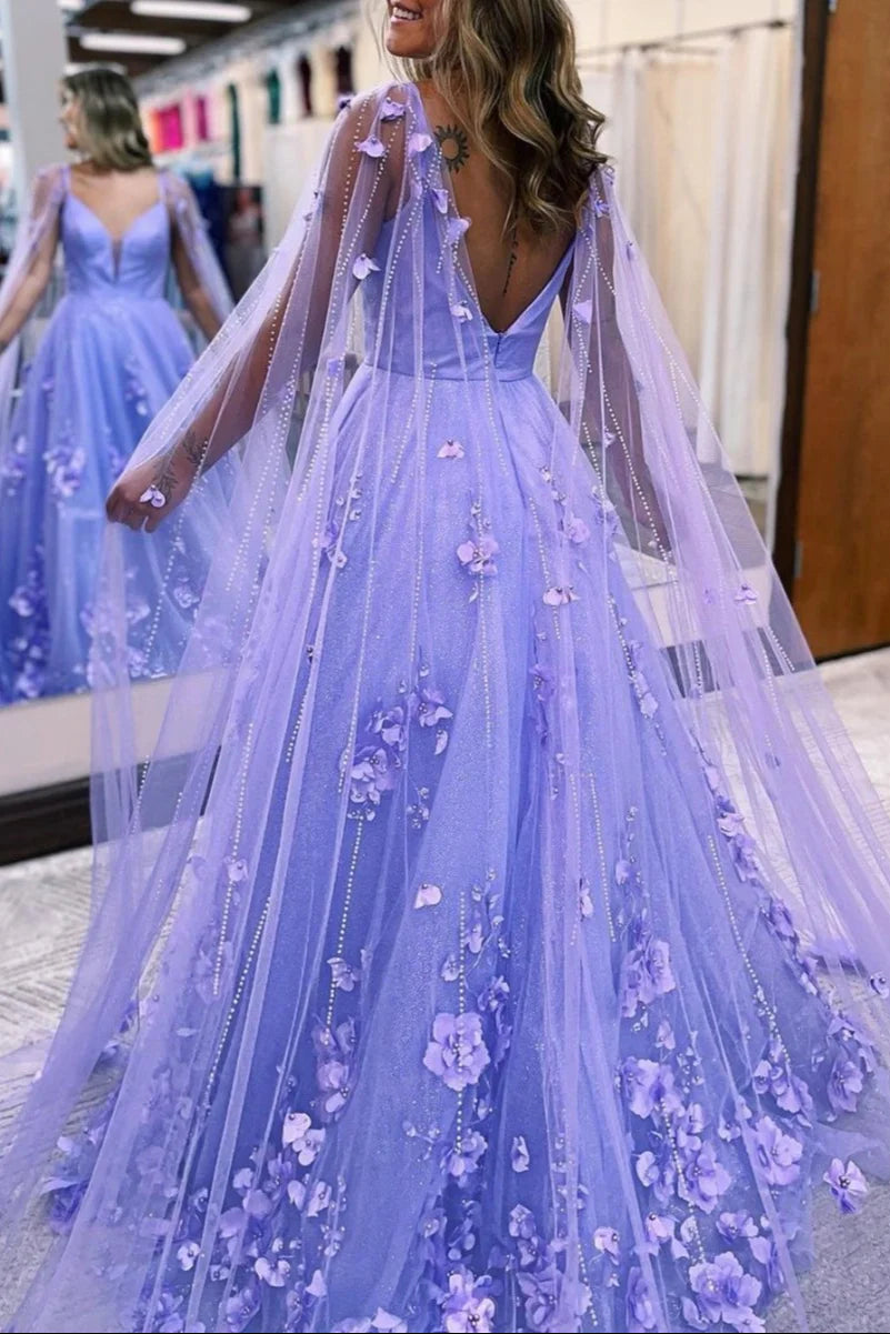 Fairy A-Line V Neck 3D Floral Lavender Floor-Length Prom Dress With Cape