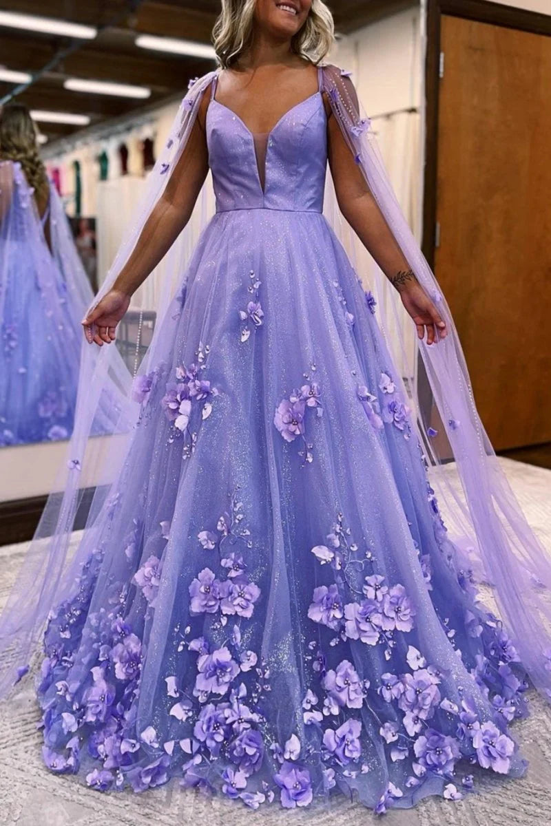 Fairy A-Line V Neck 3D Floral Lavender Floor-Length Prom Dress With Cape