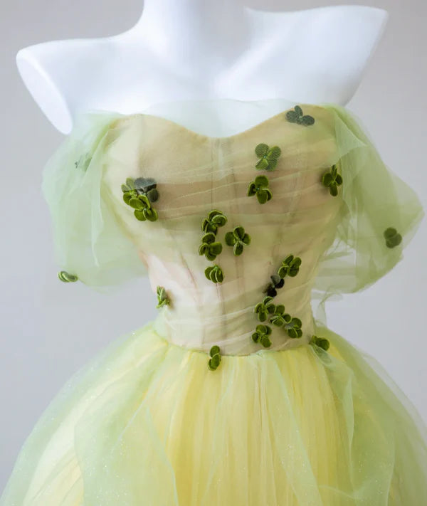 Fairy A-line Off The Shoulder Short Sleeves Flowers Tulle Sage Green Long Prom Dresses