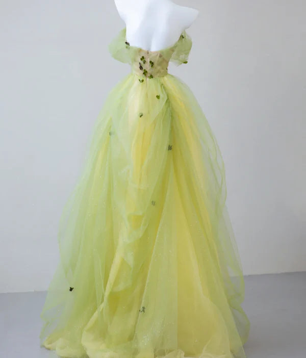 Fairy A-line Off The Shoulder Short Sleeves Flowers Tulle Sage Green Long Prom Dresses