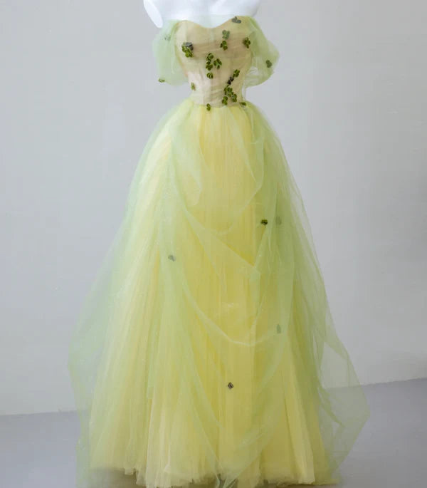 Fairy A-line Off The Shoulder Short Sleeves Flowers Tulle Sage Green Long Prom Dresses
