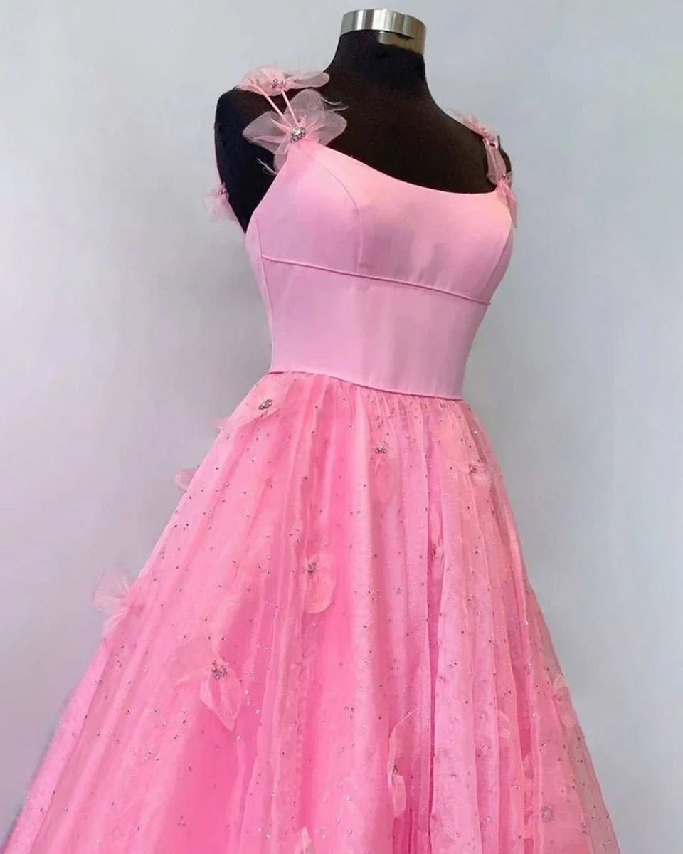 Fairy A Line Spaghetti Straps Sequins Applique Organza Lavender Prom Dress