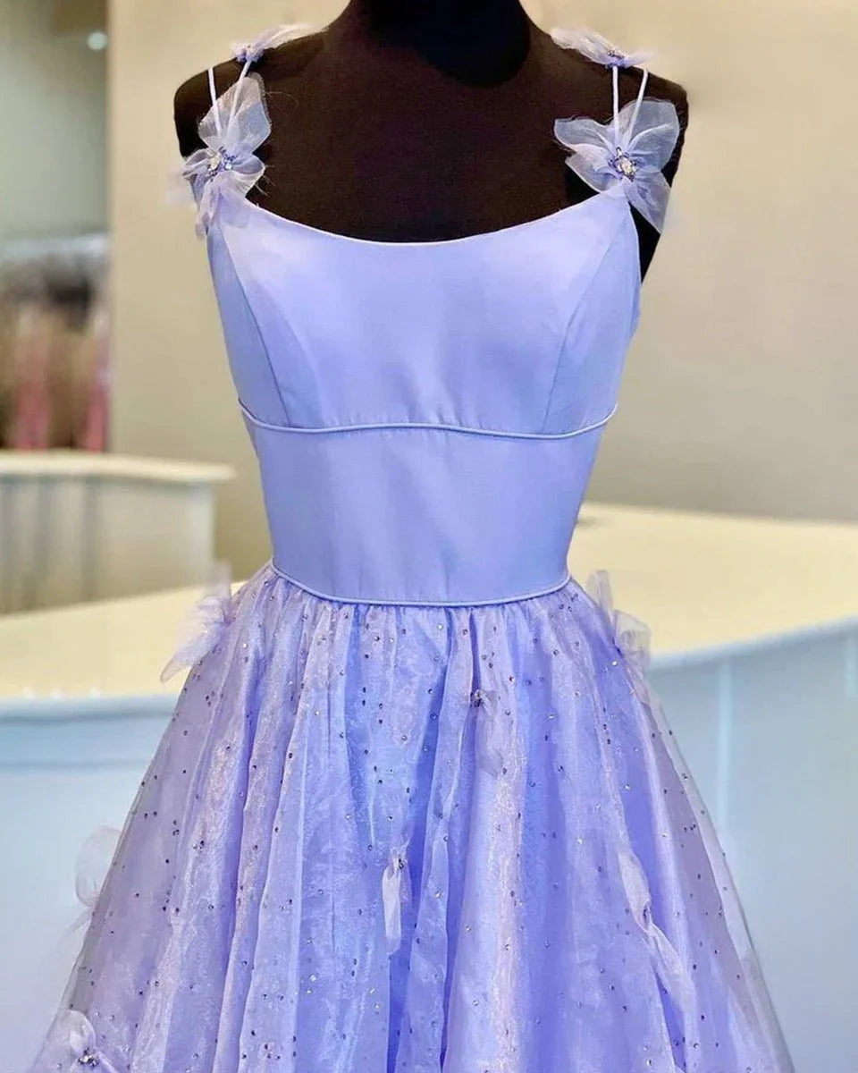 Fairy A Line Spaghetti Straps Sequins Applique Organza Lavender Prom Dress