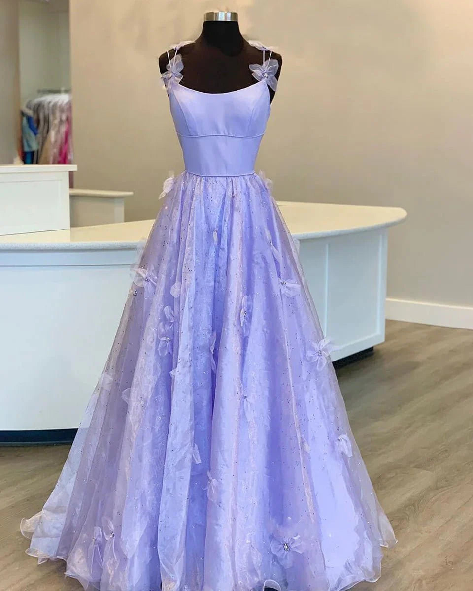 Fairy A Line Spaghetti Straps Sequins Applique Organza Lavender Prom Dress