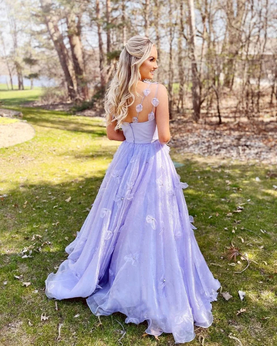 Fairy A Line Spaghetti Straps Sequins Applique Organza Lavender Prom Dress