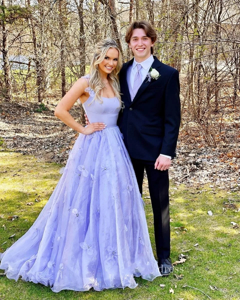 Fairy A Line Spaghetti Straps Sequins Applique Organza Lavender Prom Dress