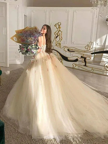 Fairy Ball Gown Off Shoulder Floral Applique Tulle Champagne Train Prom Dress