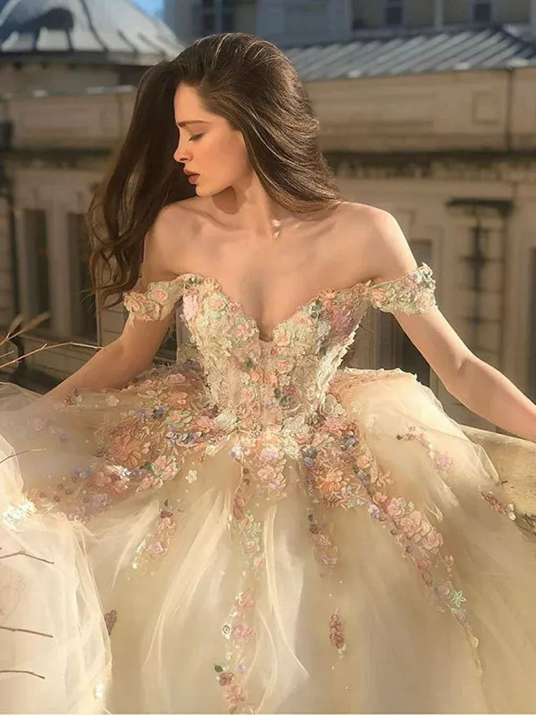 Fairy Ball Gown Off Shoulder Floral Applique Tulle Champagne Train Prom Dress