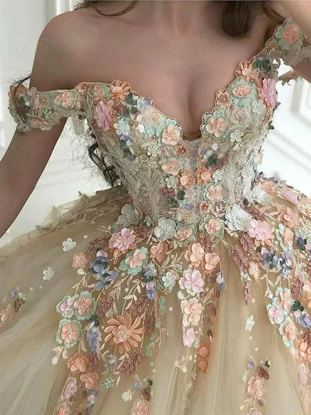 Fairy Ball Gown Off Shoulder Floral Applique Tulle Champagne Train Prom Dress