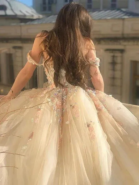 Fairy Ball Gown Off Shoulder Floral Applique Tulle Champagne Train Prom Dress