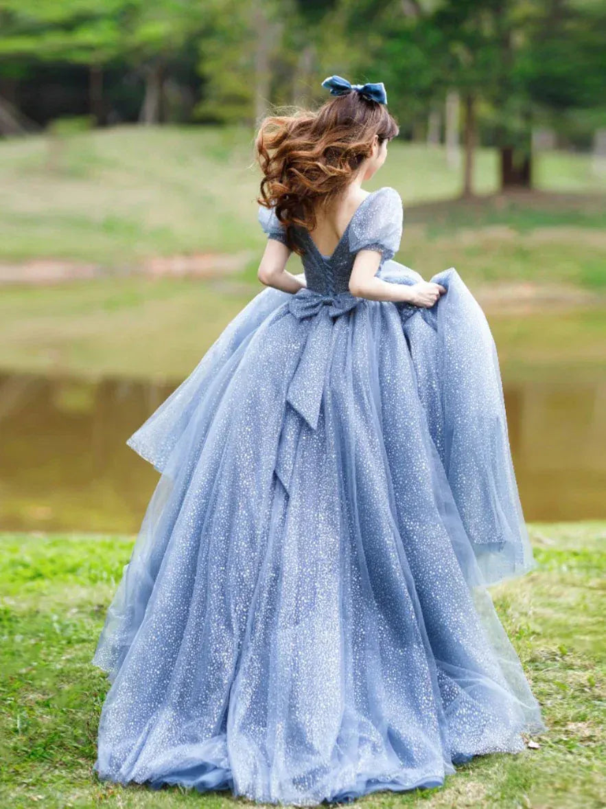 Fairy Ball Gown V-Neck Puff Sleeve Glitter Tulle Blue Floor-Length Prom Dress With Bow