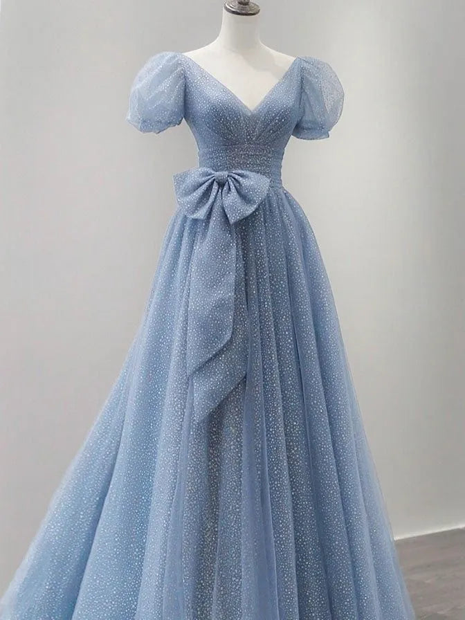 Fairy Ball Gown V-Neck Puff Sleeve Glitter Tulle Blue Floor-Length Prom Dress With Bow