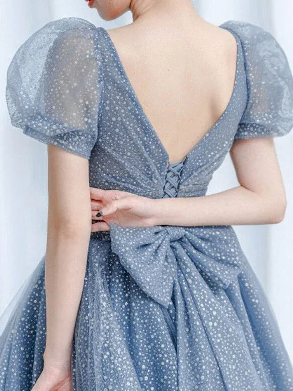Fairy Ball Gown V-Neck Puff Sleeve Glitter Tulle Blue Floor-Length Prom Dress With Bow