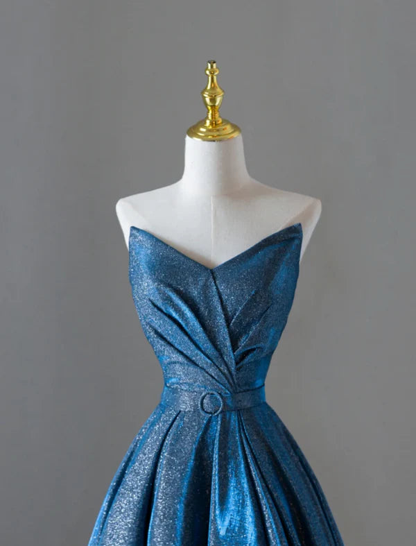 Fairy Blue Sequin Pleated V Neck A Line Sweetheart Long Prom Dresses Discount Long Evening Dresses With Belt