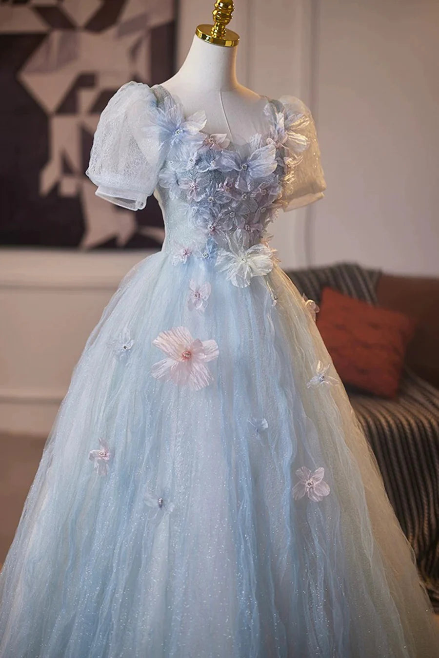 Fairy Blue Tulle Flower Crumpled Short Sleeve Long Prom Dress Evening Party Dress