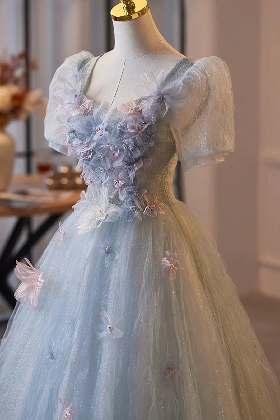 Fairy Blue Tulle Flower Crumpled Short Sleeve Long Prom Dress Evening Party Dress