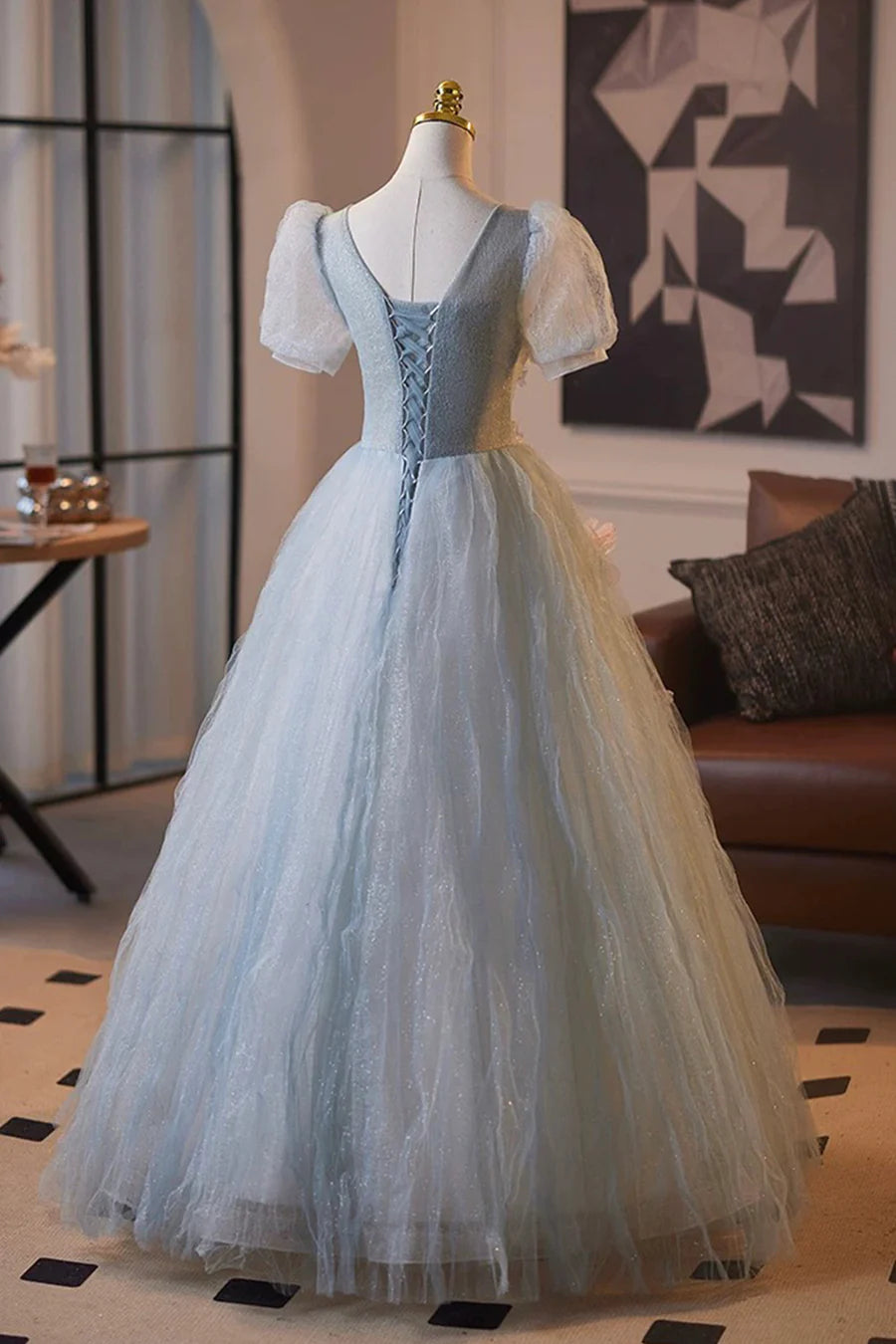 Fairy Blue Tulle Flower Crumpled Short Sleeve Long Prom Dress Evening Party Dress