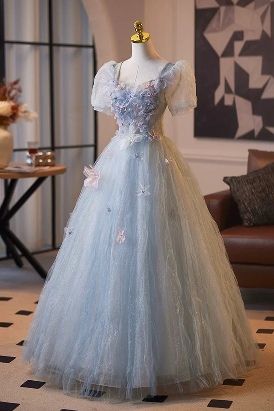 Fairy Blue Tulle Flower Crumpled Short Sleeve Long Prom Dress Evening Party Dress