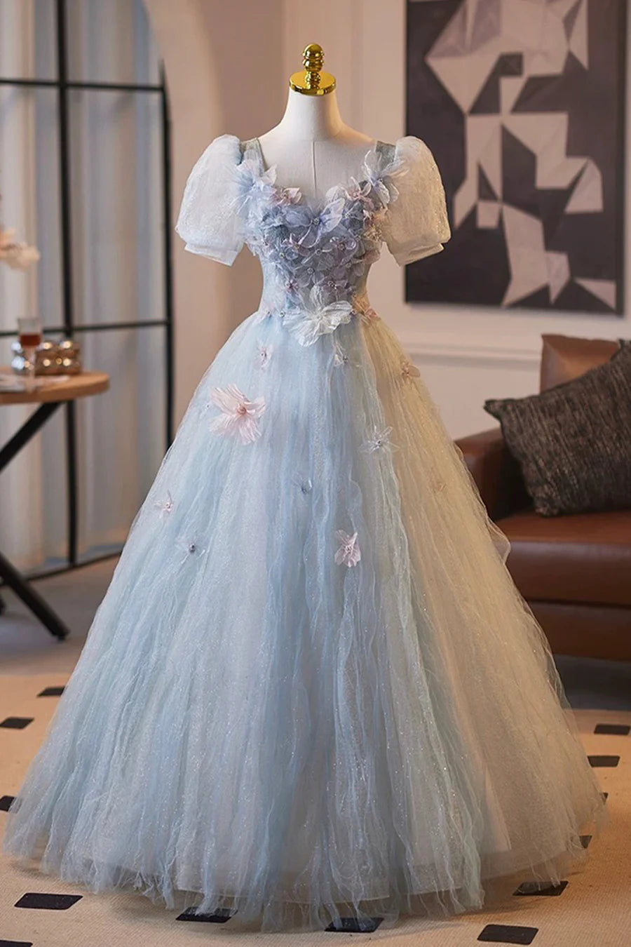 Fairy Blue Tulle Flower Crumpled Short Sleeve Long Prom Dress Evening Party Dress