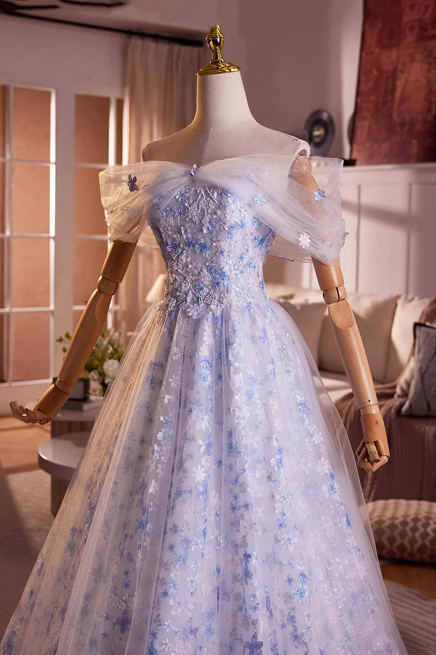 Fairy Blue Tulle With Applique Off the Shoulder Floor Length Long Prom Dress Beautiful Party Dress