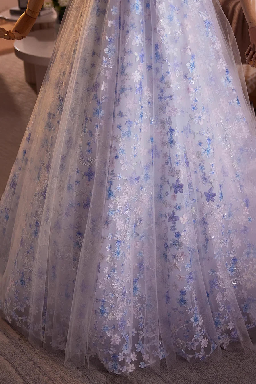 Fairy Blue Tulle With Applique Off the Shoulder Floor Length Long Prom Dress Beautiful Party Dress