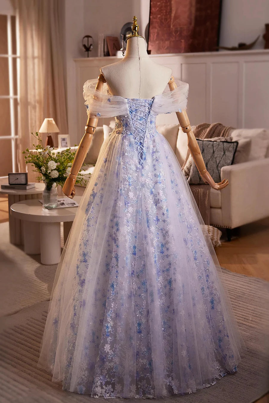 Fairy Blue Tulle With Applique Off the Shoulder Floor Length Long Prom Dress Beautiful Party Dress