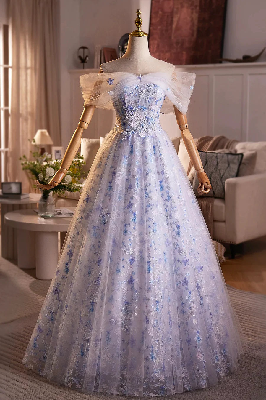 Fairy Blue Tulle With Applique Off the Shoulder Floor Length Long Prom Dress Beautiful Party Dress