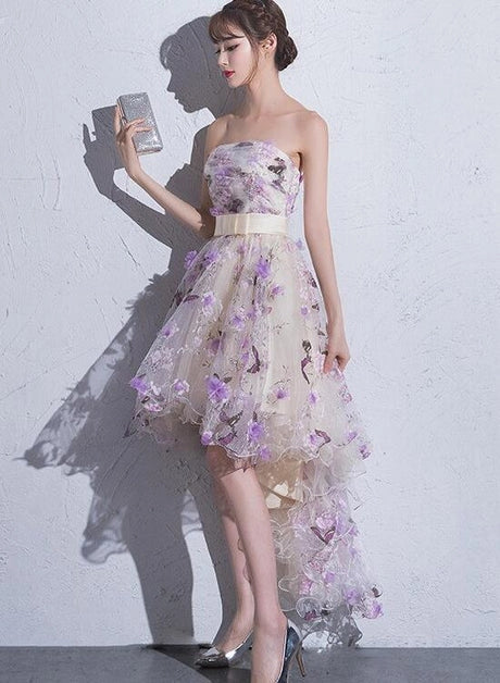 Fairy Flowers Tulle High Low Off-the-Shoulder Scoop Party Dress Homecoming Dress