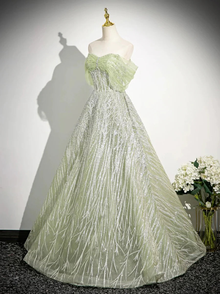 Fairy Green Tulle Sequins Beaded Off the Shoulder Long Prom Dress Party Dress