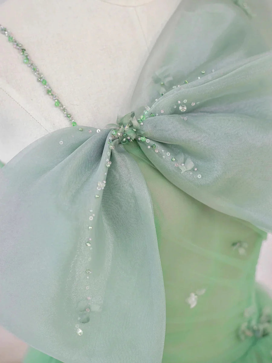 Fairy Green Tulle With Beaded Spaghetti Straps Short Prom Dress A-Line Homecoming Dress With Bow